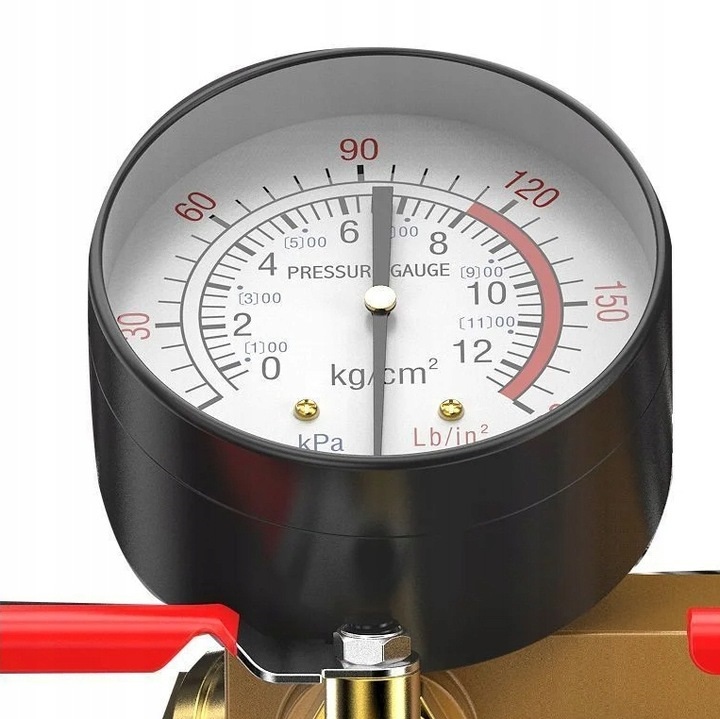 Manometr z podziałką w różnych jednostkach ciśnienia, takich jak kg/cm², kPa i Lb/in² (psi), co jest typowe dla wskaźników ciśnienia w kompresorach.
